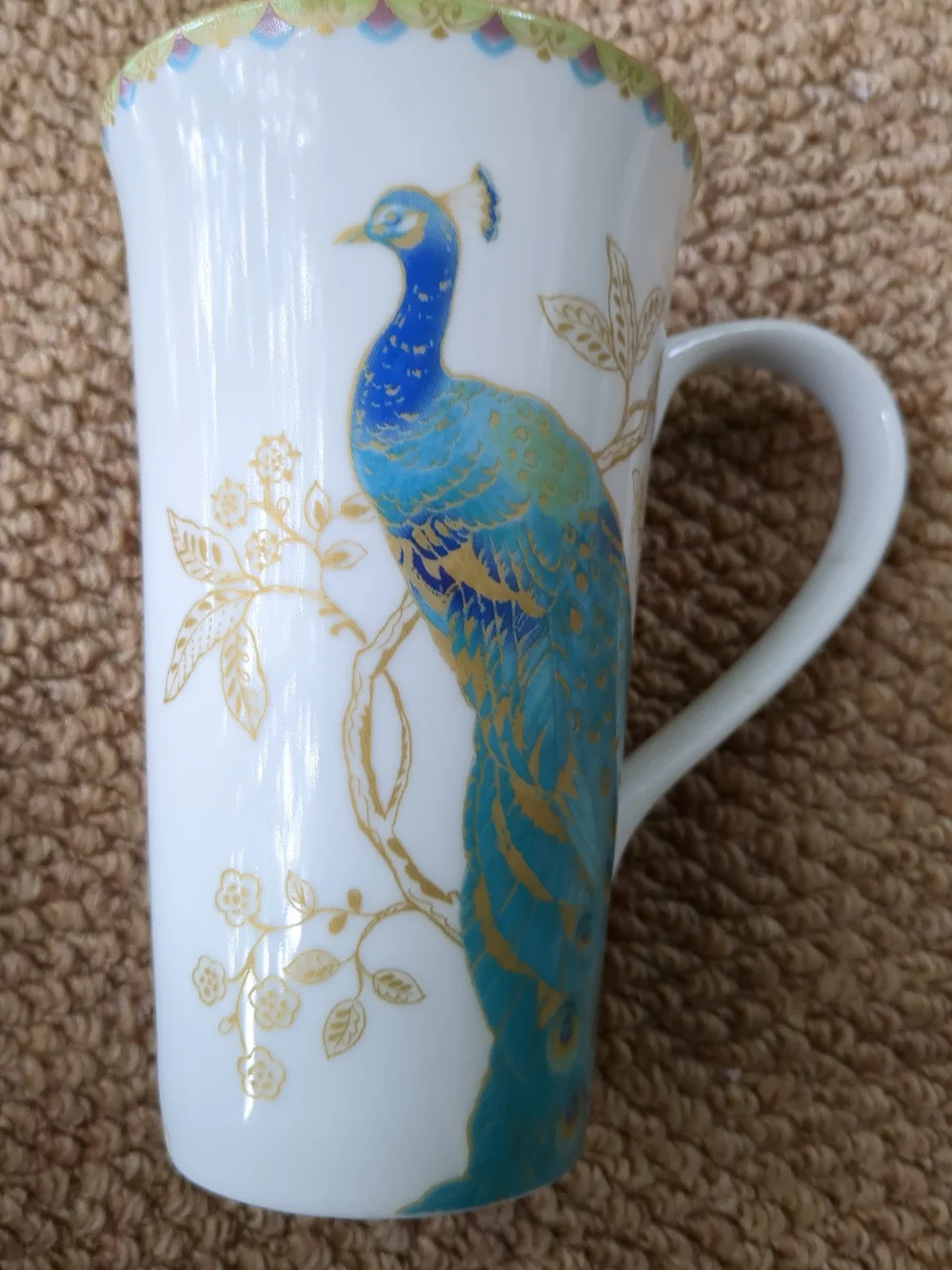 222 Fifth White Latte  Mug with Blue and Gold Peacock Garden